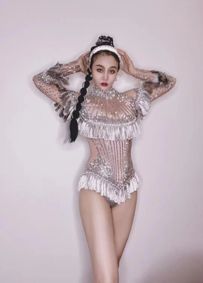 Kimshein AD1635 Shimmering Nude Silver Crystal Women's Birthday Fringe Dress for Your Special Occasion