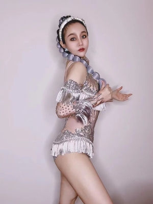 Kimshein AD1635 Shimmering Nude Silver Crystal Women's Birthday Fringe Dress for Your Special Occasion
