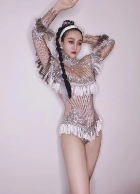 Kimshein AD1635 Shimmering Nude Silver Crystal Women's Birthday Fringe Dress for Your Special Occasion