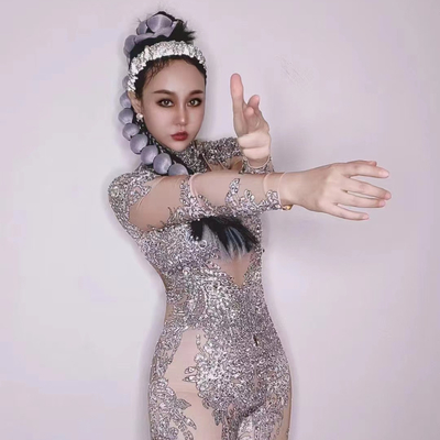 Kimshein AD1637 Fashion Crystal Rhinestone Evening Dress Sexy Jumpsuit for Women Clubwear in Mesh Fabric and Long Pants