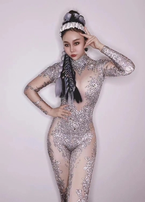 Kimshein AD1637 Fashion Crystal Rhinestone Evening Dress Sexy Jumpsuit for Women Clubwear in Mesh Fabric and Long Pants