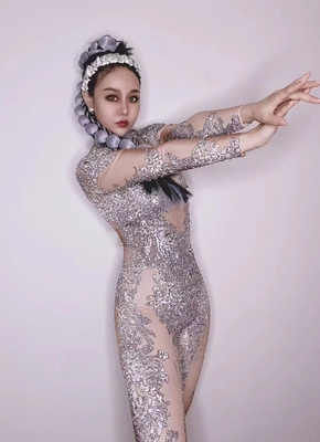 Kimshein AD1637 Fashion Crystal Rhinestone Evening Dress Sexy Jumpsuit for Women Clubwear in Mesh Fabric and Long Pants