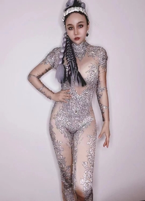 Kimshein AD1637 Fashion Crystal Rhinestone Evening Dress Sexy Jumpsuit for Women Clubwear in Mesh Fabric and Long Pants