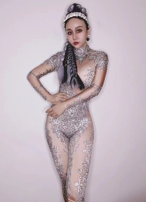 Kimshein AD1637 Fashion Crystal Rhinestone Evening Dress Sexy Jumpsuit for Women Clubwear in Mesh Fabric and Long Pants