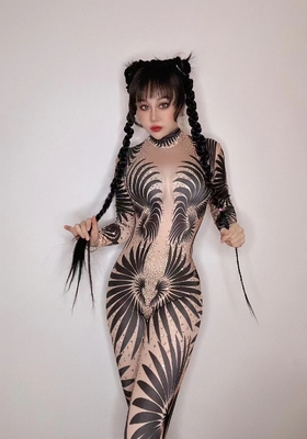 AD1645 Handmade Dress for Women Elastic Crystal Bodysuit Casual Wear Long Sleeve Free Size