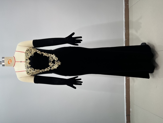 Elegant Off-Shoulder Beaded Sequin Evening Gown in Black Velvet with Natural Waistline and Straight Cut Skirt
