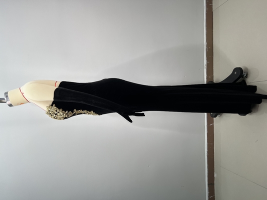 Elegant Off-Shoulder Beaded Sequin Evening Gown in Black Velvet with Natural Waistline and Straight Cut Skirt