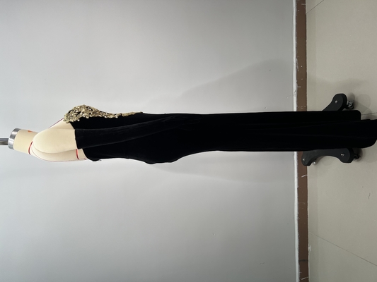 Elegant Off-Shoulder Beaded Sequin Evening Gown in Black Velvet with Natural Waistline and Straight Cut Skirt