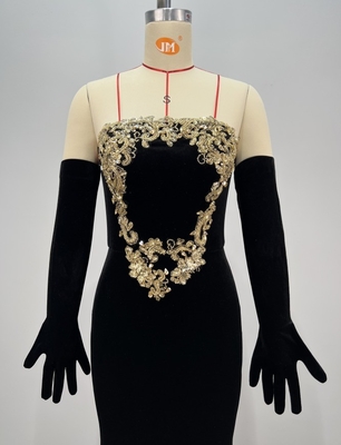 Elegant Off-Shoulder Beaded Sequin Evening Gown in Black Velvet with Natural Waistline and Straight Cut Skirt
