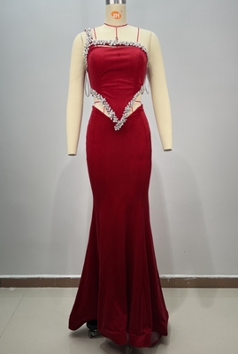 Kimshein ED2745 Women's Fashion Velvet Red Evening Dress Crystal Cutouts Mermaid for a Glamorous Party