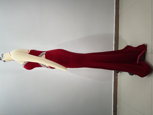 Kimshein ED2745 Women's Fashion Velvet Red Evening Dress Crystal Cutouts Mermaid for a Glamorous Party