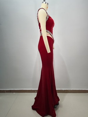 Kimshein ED2745 Women's Fashion Velvet Red Evening Dress Crystal Cutouts Mermaid for a Glamorous Party
