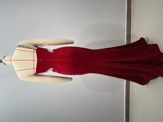 Kimshein ED2745 Women's Fashion Velvet Red Evening Dress Crystal Cutouts Mermaid for a Glamorous Party