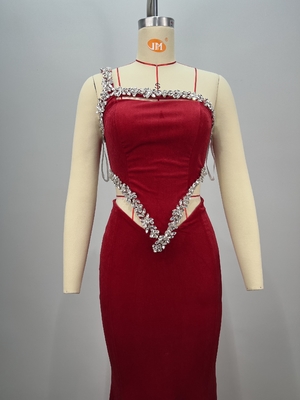 Kimshein ED2745 Women's Fashion Velvet Red Evening Dress Crystal Cutouts Mermaid for a Glamorous Party