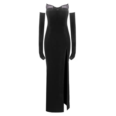 ED2750 Black Slit Diamond Beaded Velvet Evening Dress Unleash Your Inner Glamour at Your Next Formal Occasion