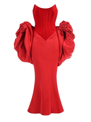 Kimshein Red 3D Floral Velvet Valentine's Day Dress with Tight Satin Dress and Luxurious Velvet Shawl from Guangdong