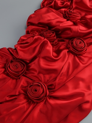 Kimshein Red 3D Floral Velvet Valentine's Day Dress with Tight Satin Dress and Luxurious Velvet Shawl from Guangdong