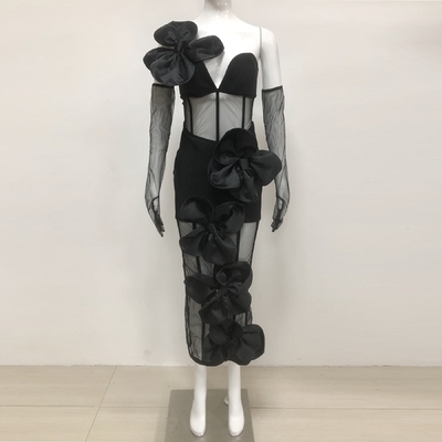 SB3432 Kimshein See Through Mesh Sexy Dress with 3D Floral Bandage Bodycon Midi Length Dress Made by Weaving Method