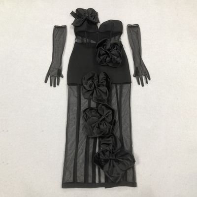 SB3432 Kimshein See Through Mesh Sexy Dress with 3D Floral Bandage Bodycon Midi Length Dress Made by Weaving Method