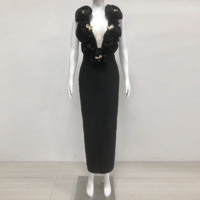 3D Floral Bodycon Dress Elegant Bandage Sleeveless Black Maxi Dress with Flowers Decoration and Polyester/Cotton Material