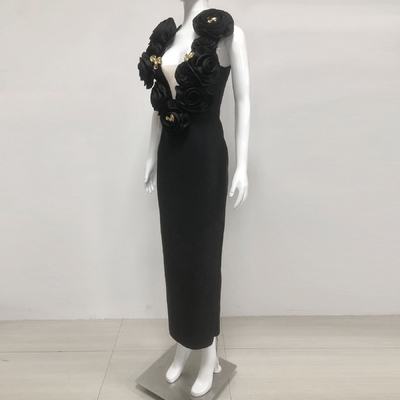 3D Floral Bodycon Dress Elegant Bandage Sleeveless Black Maxi Dress with Flowers Decoration and Polyester/Cotton Material