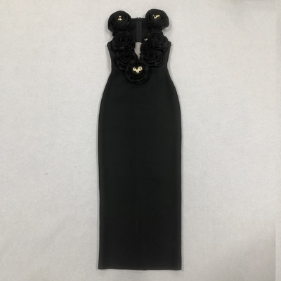 3D Floral Bodycon Dress Elegant Bandage Sleeveless Black Maxi Dress with Flowers Decoration and Polyester/Cotton Material