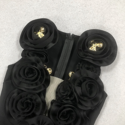 3D Floral Bodycon Dress Elegant Bandage Sleeveless Black Maxi Dress with Flowers Decoration and Polyester/Cotton Material