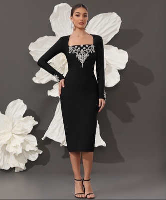 LS2645 Kimshein Black Crystal Long Sleeve Party Dress for Women Elegant Bandage Dress Stock and Ready to Ship Today