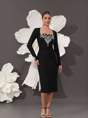 LS2645 Kimshein Black Crystal Long Sleeve Party Dress for Women Elegant Bandage Dress Stock and Ready to Ship Today