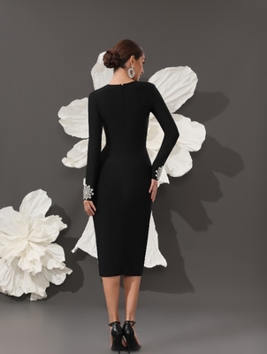 LS2645 Kimshein Black Crystal Long Sleeve Party Dress for Women Elegant Bandage Dress Stock and Ready to Ship Today