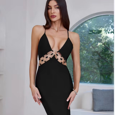 Stock/ SB3420 Bodycon Dress Summer Women's Deep V-neck Sexy Black Hollow Out Sexy Party Dress Nightclub Bandage Dress