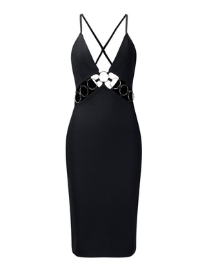 Stock/ SB3420 Bodycon Dress Summer Women's Deep V-neck Sexy Black Hollow Out Sexy Party Dress Nightclub Bandage Dress