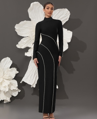 LS2643 Kimshein Crystal Bandage Dress Long-Sleeved Fashion Bodycon Dress for Women Custom Logo Print and Design Supported