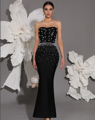 SB3423 Kimshein Women's Fashion Strapless Pearl Dress Long Evening Party Bandage Dress Model SB3423 in Spandex/Polyester