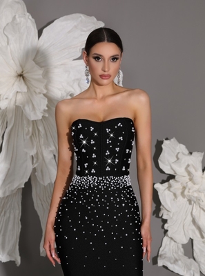 SB3423 Kimshein Women's Fashion Strapless Pearl Dress Long Evening Party Bandage Dress Model SB3423 in Spandex/Polyester