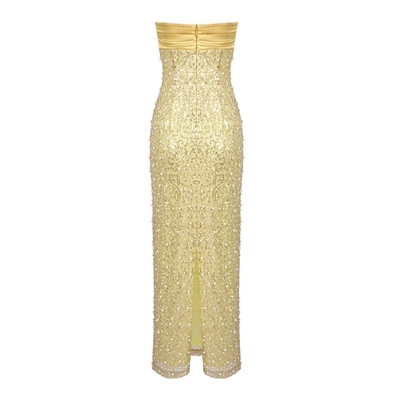SB3449 Club Clothing Gold Sequin Off-Shoulder Sleeveless Maxi Dress Pearl Bodycon Party Dress for Chic and Trendy Look