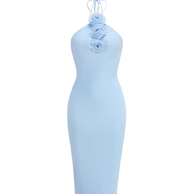 Blue Mesh Women's Party Dress with Floral Strapless Sleeveless Dance Evening Gown Tight Bodycon Dress No Print Method