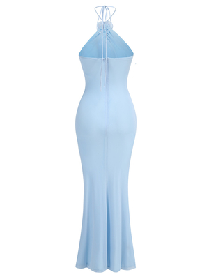 Blue Mesh Women's Party Dress with Floral Strapless Sleeveless Dance Evening Gown Tight Bodycon Dress No Print Method
