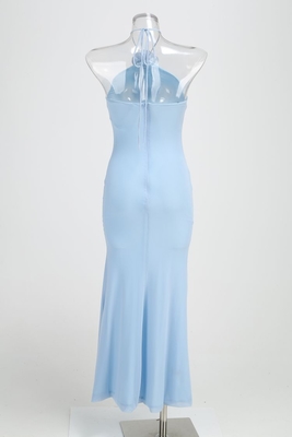 Blue Mesh Women's Party Dress with Floral Strapless Sleeveless Dance Evening Gown Tight Bodycon Dress No Print Method