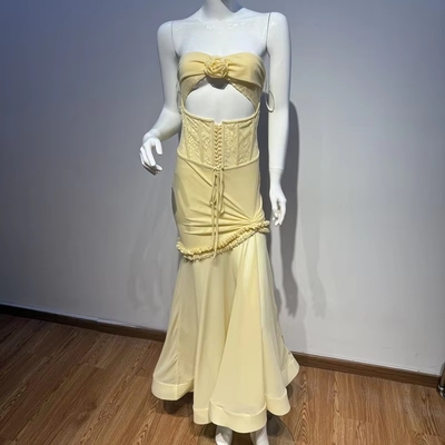 Elegant and Luxurious Women's Yellow Hollow Out Off-Shoulder Sleeveless Tight Summer Dress Other Popular Elements SB3446