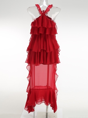 Kimshein Red Mesh Party Dress with See-through Design and Customizable Logo Placement