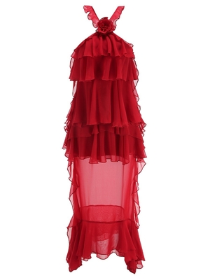 Kimshein Red Mesh Party Dress with See-through Design and Customizable Logo Placement