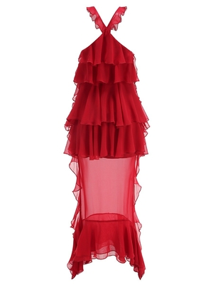 Kimshein Red Mesh Party Dress with See-through Design and Customizable Logo Placement