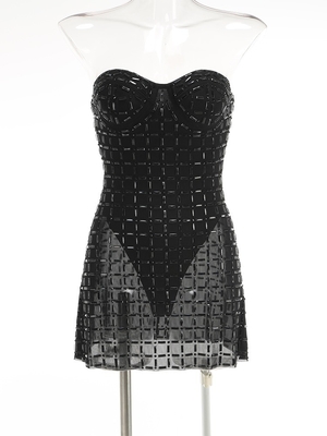 Polyester Mini Length Off-Shoulder Dress with Sheer Mesh and Rhinestone Embellishments Customizable Logo Position SB3445