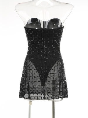 Polyester Mini Length Off-Shoulder Dress with Sheer Mesh and Rhinestone Embellishments Customizable Logo Position SB3445