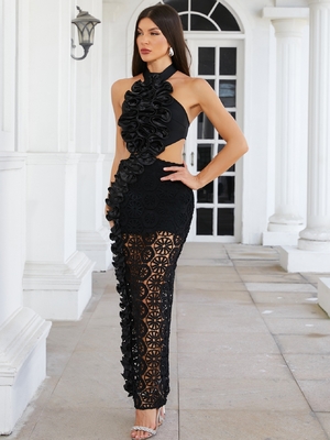 Pure Color Tight-fitting Maxi Dress with Pleated Flower and Hollow Out Back for Women's Dance Party in Breathable Design