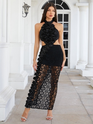 Pure Color Tight-fitting Maxi Dress with Pleated Flower and Hollow Out Back for Women's Dance Party in Breathable Design