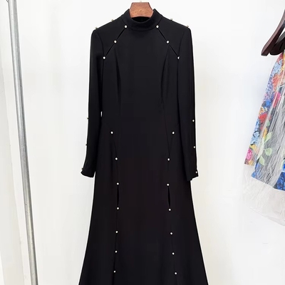 LS2646 Long Sleeve Women's Floor-Length Black Evening Dress Tight Fit and Elegant Pearl Pattern Design