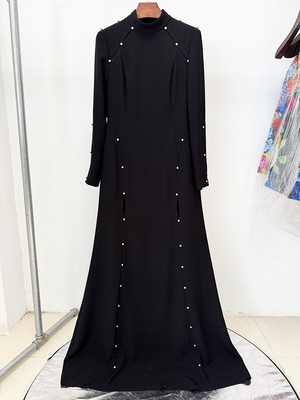 LS2646 Long Sleeve Women's Floor-Length Black Evening Dress Tight Fit and Elegant Pearl Pattern Design