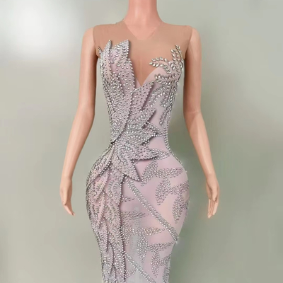None AD2469 Fashionable and Sexy Handmade Beaded Dress Luxurious Elegant Summer White Crystal Floral Dress for Women